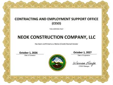 Muscogee Nation CESO Certification — Native (Creek) Owned Vendor